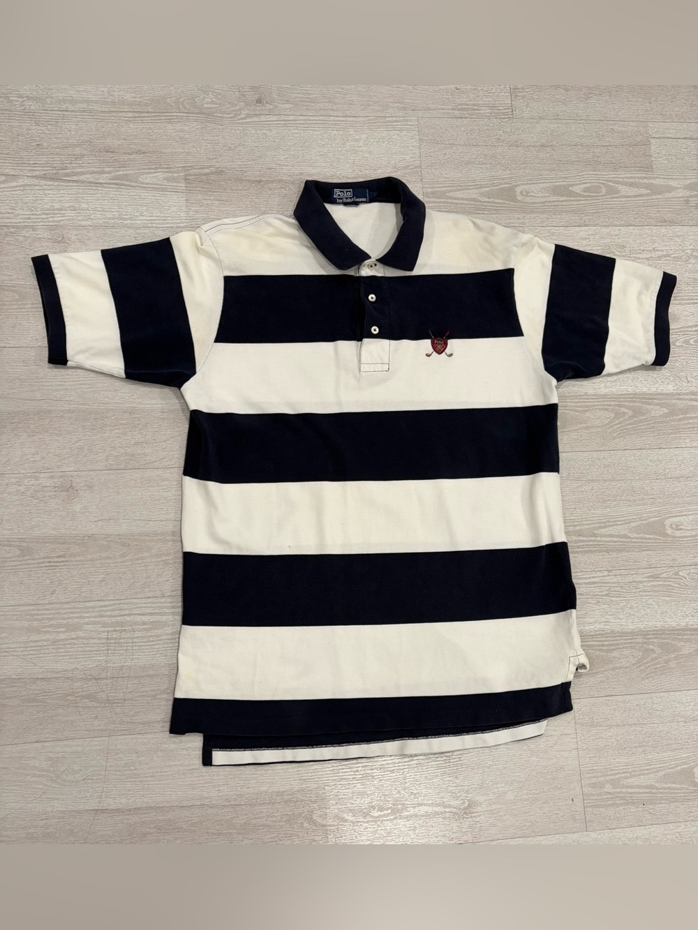 Vintage Polo by Ralph Lauren Men’s Striped Rugby Polo Shirt Navy White Crest XL
